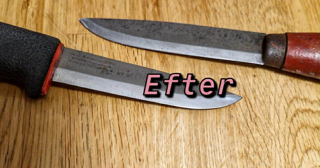 Efter: samma Mora-kniv, polerad med inskriptionen tydligt synlig